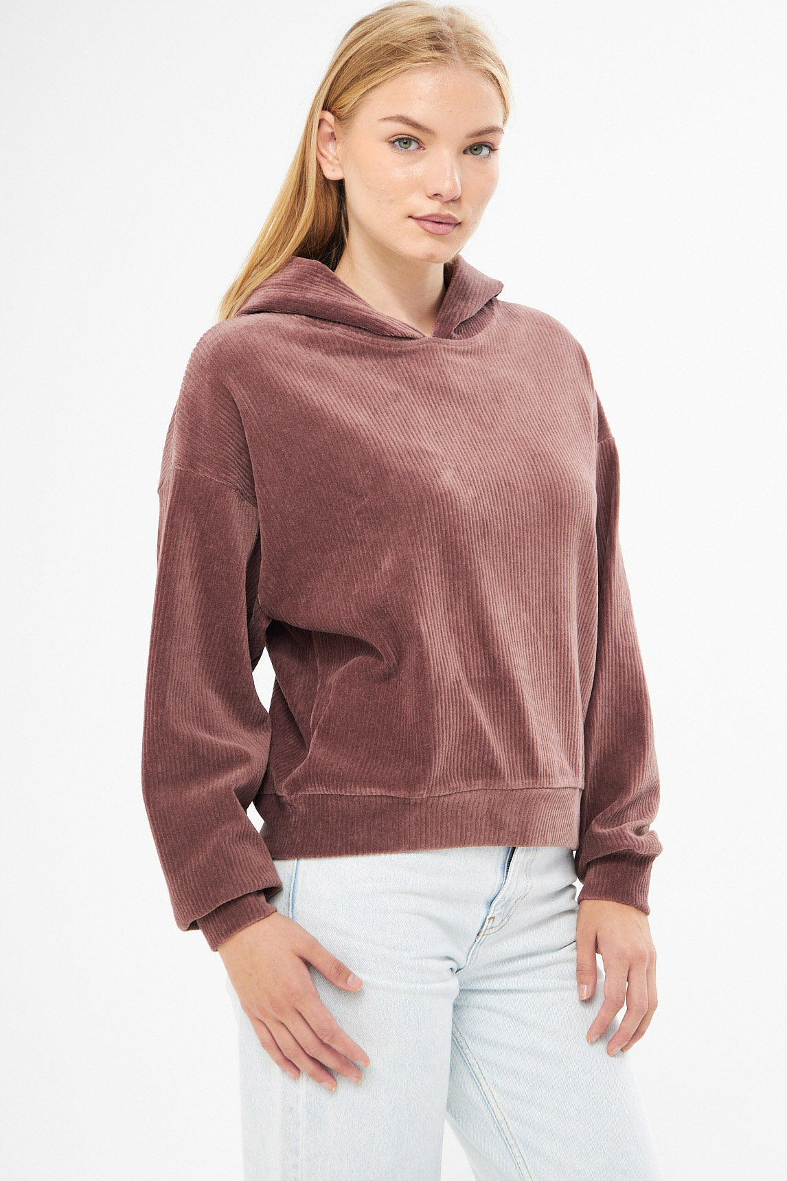 Isabel - Kapüşonlu Crop Fitilli Kadife Sweatshirt