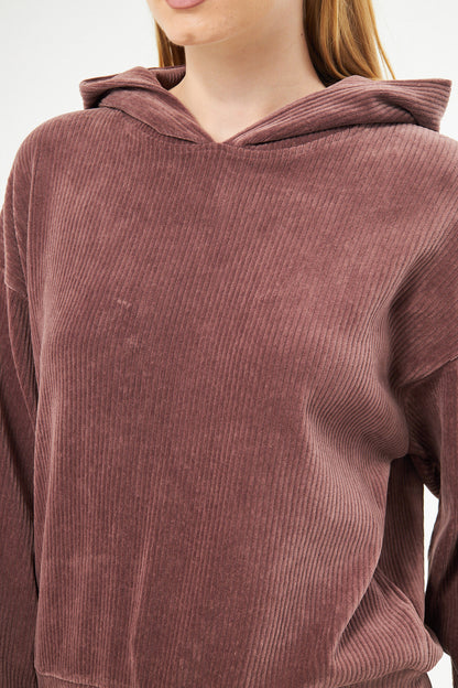 Isabel - Kapüşonlu Crop Fitilli Kadife Sweatshirt