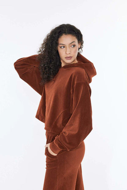 Isabel - Kapüşonlu Crop Fitilli Kadife Sweatshirt