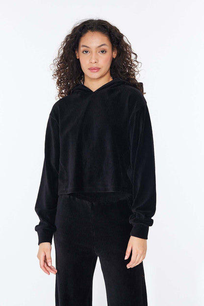 Isabel - Kapüşonlu Crop Fitilli Kadife Sweatshirt