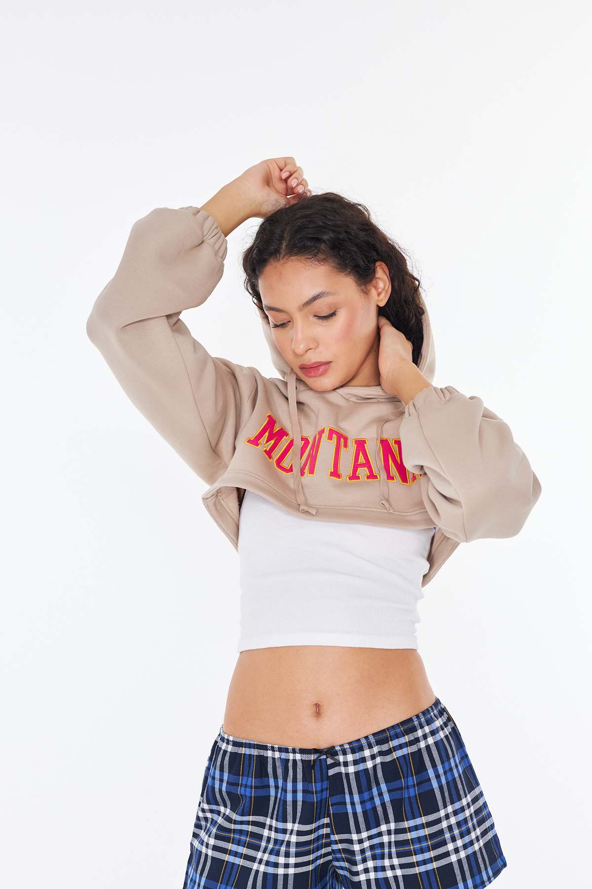 Bej Kapüşonlu Crop Sweatshirt