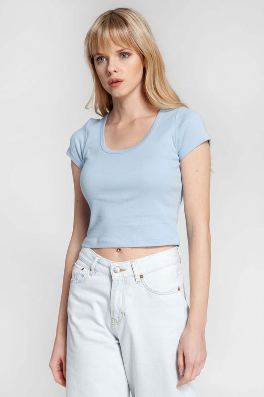 Wanda - Kısa Kollu Mavi Crop Tişört